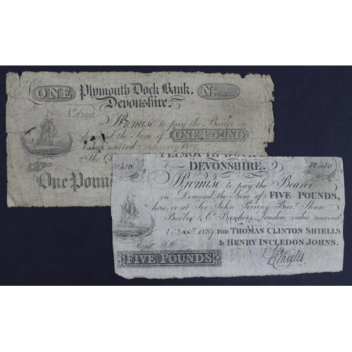 282 - Plymouth Dock Bank (2), Devonshire 1 Pound dated 1819, serial No. A 3915 for Thomas Clinton Shiells ... 