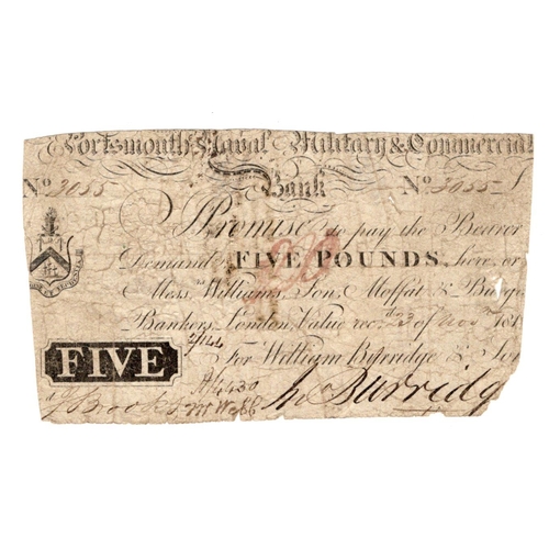 283 - Portsmouth Naval, Military & Commercial Bank 5 Pounds dated 1814, serial No. 3055 for William Burrid... 