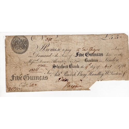 289 - Sleaford Bank 5 Guineas dated 9th April 1792, serial no. 398 for Anthony Peacock, Benj. Handley & Wm... 