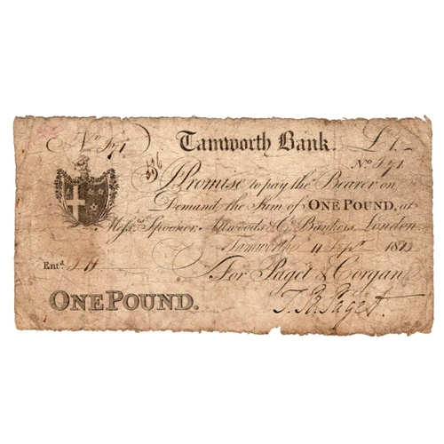 293 - Tamworth Bank 1 Pound dated 11th September 1810, serial no. F71 for Paget & Corgan (Outing2130a) pin... 