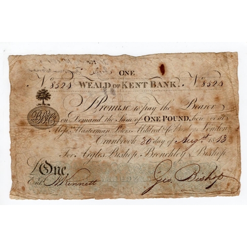295 - Weald of Kent Bank Cranbrook 1 Pound dated 1813, serial No. 8524 for Argles Bishop, Benchley & Bisho... 