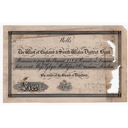 296 - West of England & South Wales District Bank, Wells 5 Pounds SPECIMEN 18xx, no signatures or serial n... 
