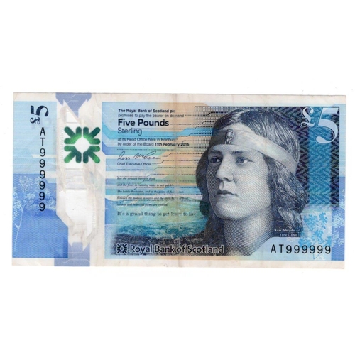 460 - Scotland, Royal Bank of Scotland 5 Pounds polymer note dated 11th February 2016, rare SOLID NUMBER n... 