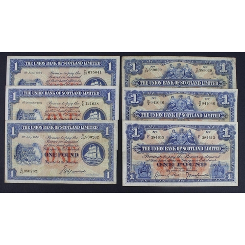 463 - Scotland, Union Bank (6), a collection of 6 x 1 Pound notes all different years of issue, 1931, 1942... 