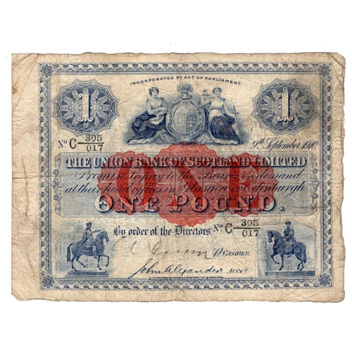 464 - Scotland, Union Bank 1 Pound dated 9th September 1910, rare early date, signed John Alexander and ha... 