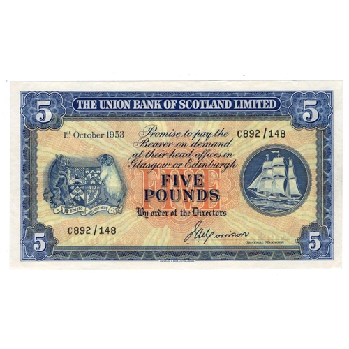 468 - Scotland, Union Bank 5 Pounds dated 1st October 1953, signed Morrison, serial C 892/148 (PMS UB69a, ... 