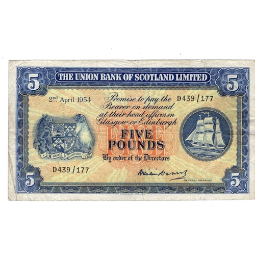 469 - Scotland, Union Bank 5 Pounds dated 2nd April 1954, scarce LAST DATE of issue, signed William Watson... 