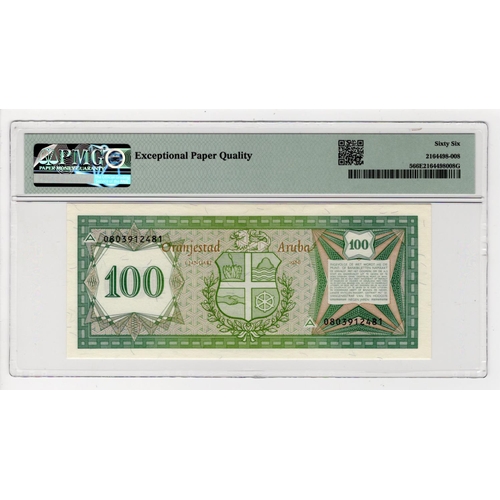 482 - Aruba 100 Florin dated 1986 serial no. 0803912481 (TBB B105, Pick5) in PMG holder graded 66 EPQ Gem ... 