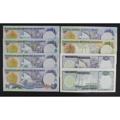 527 - Cayman Islands (8), 5 Dollars dated 1974 A/1 prefix, 1 Dollar dated 1974 A/6 prefix, 5 Dollars dated... 