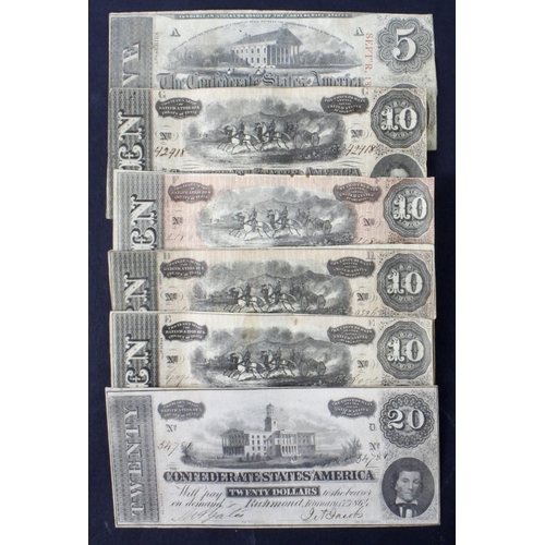 538 - Confederate States of America (6) 20 Dollars dated 1864, 10 Dollars dated 1864 (4), 5 Dollars dated ... 