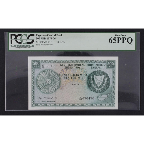 549 - Cyprus 500 Mils dated 1st August 1976, serial K/40 090490 (TBB B302j, Pick42b) in PCGS holder graded... 