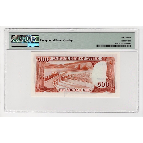 550 - Cyprus 500 Mils dated 1st June 1982, serial B927865 (TBB B305a, Pick45a) in PMG holder graded 67 EPQ... 