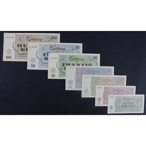 554 - Czechoslovakia (7), 100, 50, 20, 10, 5, 2 & 1 Kronen dated 1st January 1943, Theresienstadt Ghetto n... 