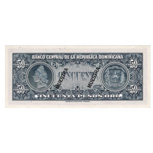 555 - Dominican Republic 50 Pesos Oro (1962), scarce SPECIMEN note with both 'SPECIMEN' and 'MUESTRA' over... 