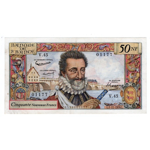 585 - France 50 Nouveaux Francs dated 5th November 1959, Henry IV portrait at centre, serial V.45 01177 (P... 