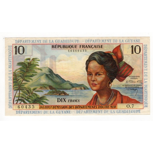 588 - French Antilles 10 Francs issued 1964, signed Postel-Vinay and Clappier, serial O.7 60435 (TBB B108b... 