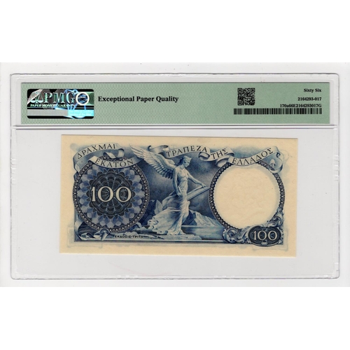 614 - Greece 100 Drachmai issued 1944, serial Z.P-076 475874 (Pick170a) in PMG holder graded 66 EPQ Gem Un... 