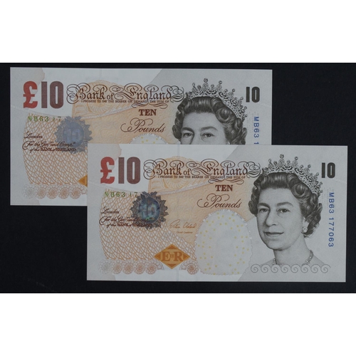 85 - ERROR Cleland 10 Pounds (2) issued 2015, both missing last 4 digits from top left serial number, a c... 