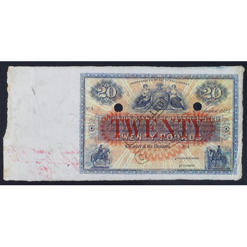 465 - Scotland, Union Bank 20 Pounds dated 2nd August 1923, printers PROOF with 2 cancellation punched hol... 