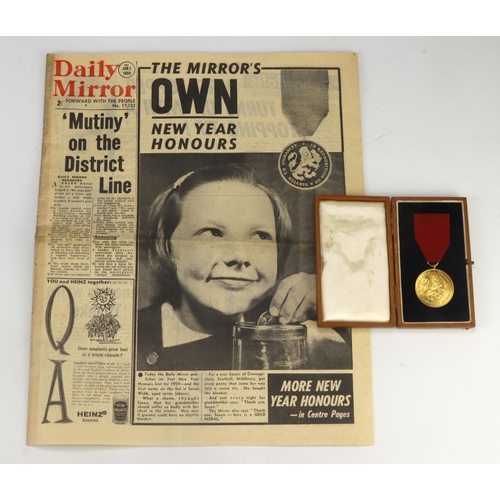 1036 - Daily Mirror 9ct. Gold Life Saving Award of Honour 1959 medal in original named box + original 1959 ... 