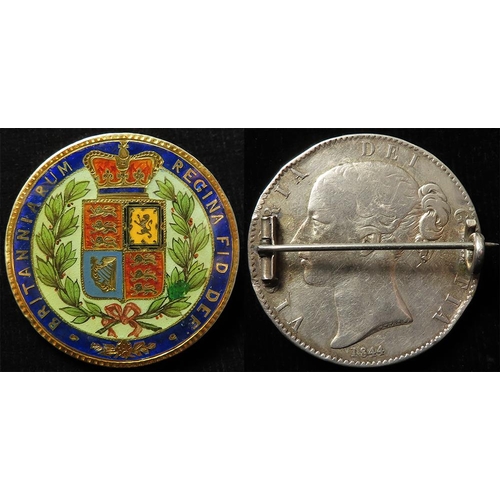 1038 - Enamelled Coin Brooch: GB Queen Victoria young head silver Crown 1844 cinquefoils Fine with a brooch... 