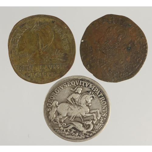 1055 - Jetons (3) European: 17th-18thC Hungarian St George / Intempestate Securitas silver(?) d.28mm, GF-NV... 