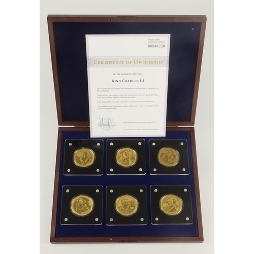 1056 - King Charles III set of 6x gold leaf roundels, cased with cert by (? - a European issuer).