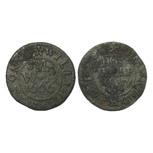 1069 - Token, 17thC: Rothwell, William Mason Halfpenny 1666, Northamptonshire #145A, rare, corroded Fine/Fa... 