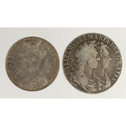 186 - GB Silver (2): Halfcrown 1689 first reverse, caul and interior frosted, no pearls, VG; along with Go... 