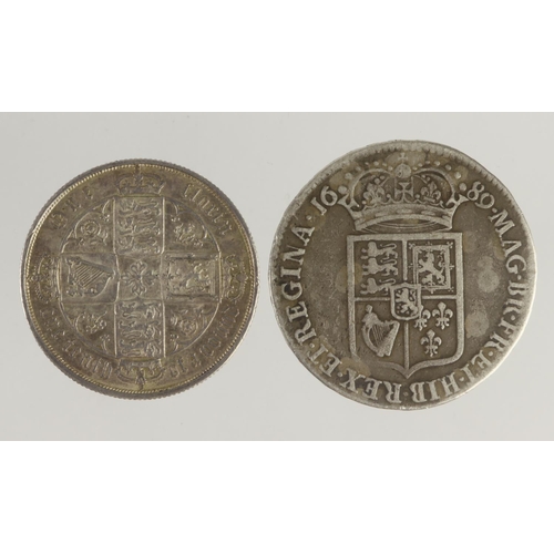 186 - GB Silver (2): Halfcrown 1689 first reverse, caul and interior frosted, no pearls, VG; along with Go... 