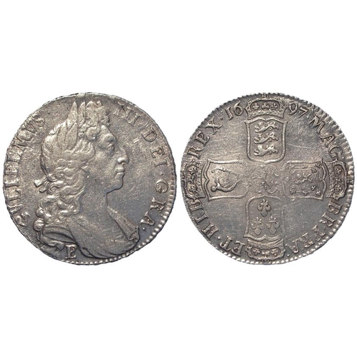 200 - Halfcrown 1697 Nono, E below bust (possible over trace B), Exeter mint, S.3490, lightly cleaned GVF