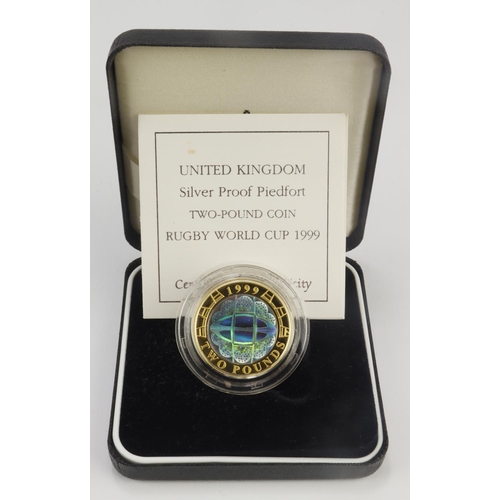 368 - Royal Mint: United Kingdom Silver Proof Piedfort (hologram) Two-Pound Coin, Rugby World Cup 1999, aF... 