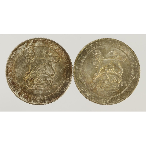 388 - Shillings (2) George V: 1915 and 1926 2nd Coinage, both iridescent AU