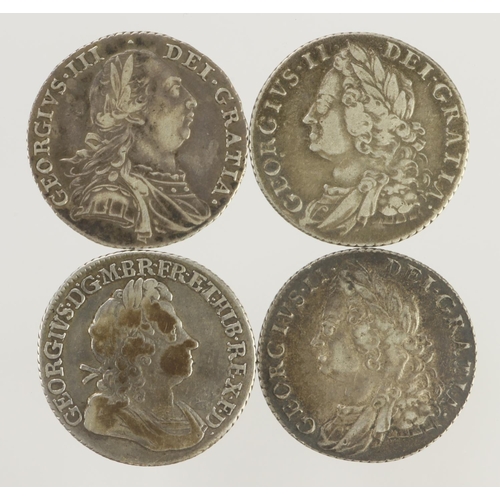 389 - Shillings (4) early milled: 1723 SSC Fine, 1758 VF, ditto F/GF, and 1787 with hearts GF.