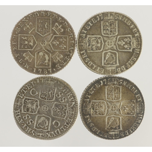 389 - Shillings (4) early milled: 1723 SSC Fine, 1758 VF, ditto F/GF, and 1787 with hearts GF.