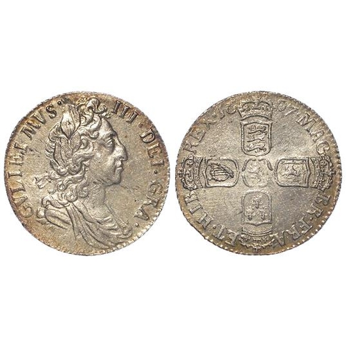 395 - Sixpence 1697 later harp, large crowns, broken 'L' reads GVLIEIMVS, S.3538, ESC #1237, R4, EF