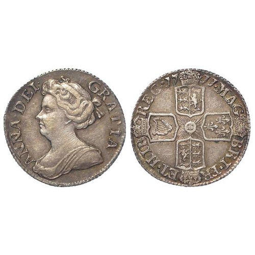 396 - Sixpence 1711 plain, large lis, S.3619, iridescent toned GVF