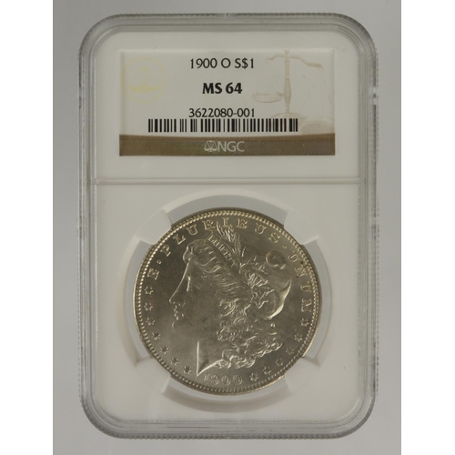 567 - USA Morgan silver Dollar 1900 O, slabbed NGC MS64.