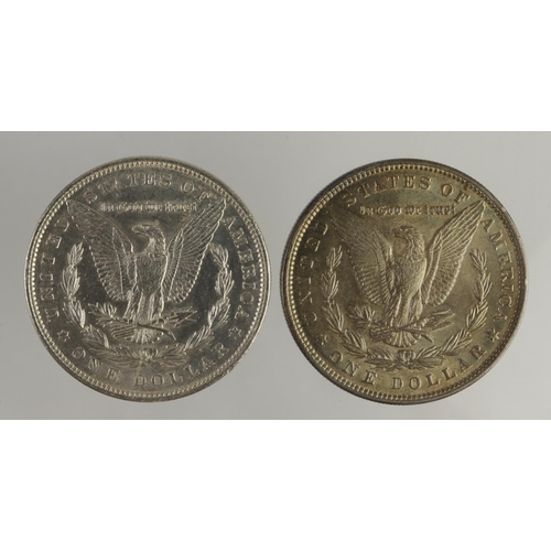 569 - USA Morgan Silver Dollars (2): 1886 iridescent UNC, and 1887 AU.