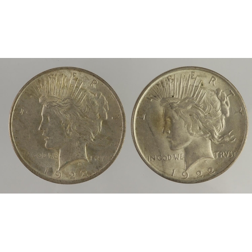 572 - USA Peace Silver Dollars (2): 1922 AU, and 1922 D EF