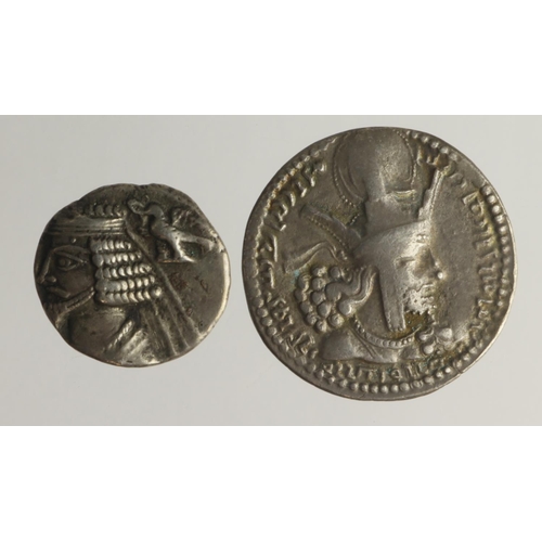 643 - Persian silver (2): Parthia, Phraates IV Drachm 38-28 BC, 3.42g, VF/GF; and Sasanian Empire, Shapur ... 