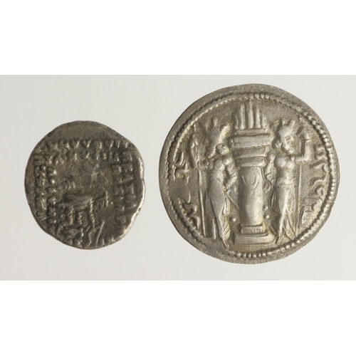 643 - Persian silver (2): Parthia, Phraates IV Drachm 38-28 BC, 3.42g, VF/GF; and Sasanian Empire, Shapur ... 