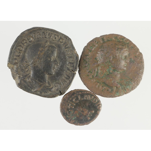 650 - Roman Imperial (3) bronze coins: Gordian III Sestertius 238-244 AD, Rome mint, Emperor standing righ... 