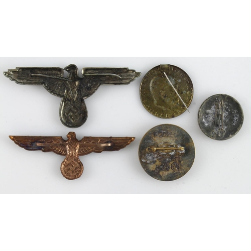 1026 - German 3rd Reich Gold finish Party pin badge and others, cap eagles.