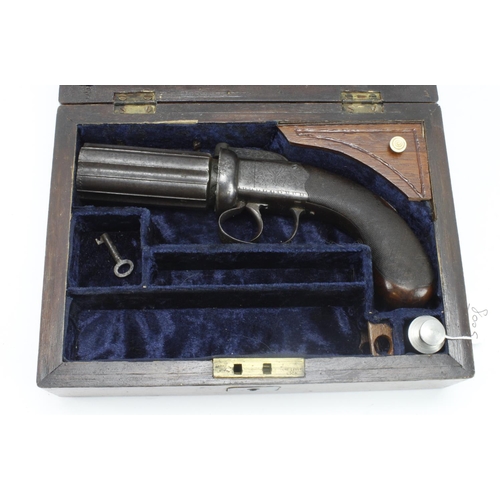 112 - Pistol, a fine cased 6 shot Pepper box revolver by Branch & Son London. Bar hammer with acanthus eng... 