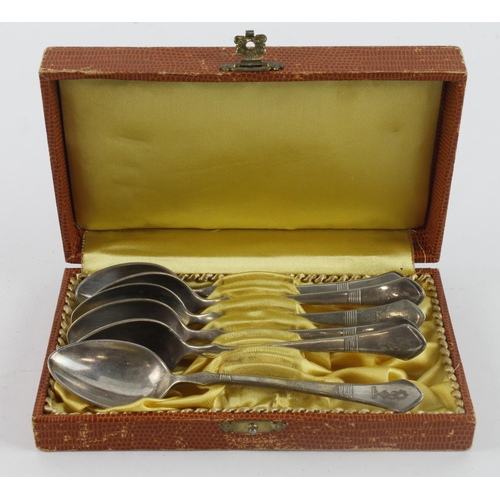 1179 - German Silver Plated Africa Corps Coffee Spoons in original box.  (x6)