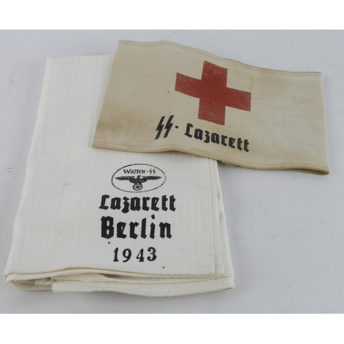 1195 - German SS Tea towel and SS armband both for a Red Cross Lazarett.