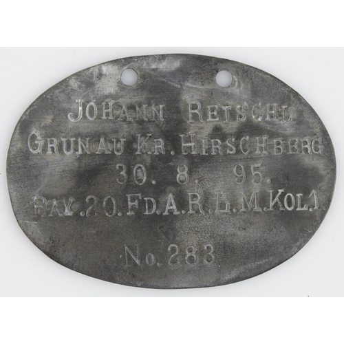 1278 - WW1 Imperial German Dog Tag to a Gunner in the Field Artillery.