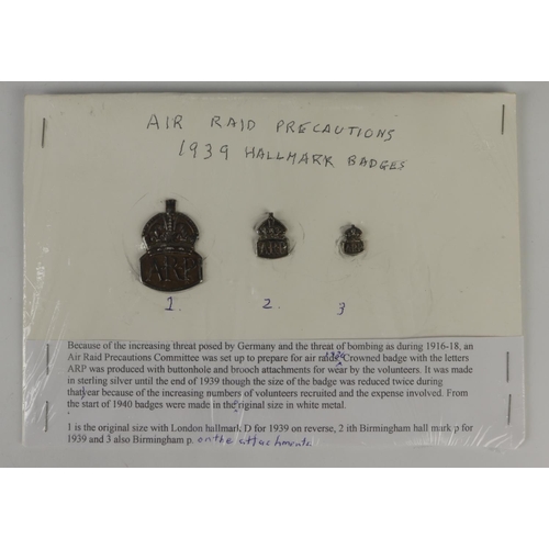 183 - Air Raid Precautions set of three different sized badges, all silver hallmarked 1939