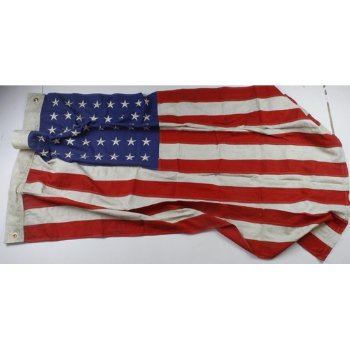 186 - American WW2 large flag, 5x feet plus, 1941 stamped & other issue markings, service wear.